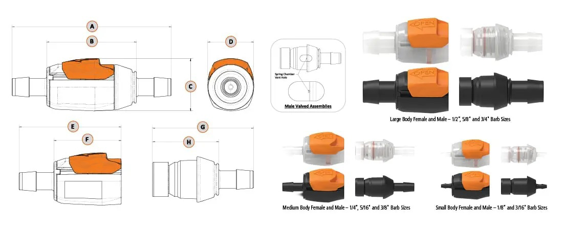Dimensions Sliding Latch Quick Couplings Small, Medium, Large, X-Large